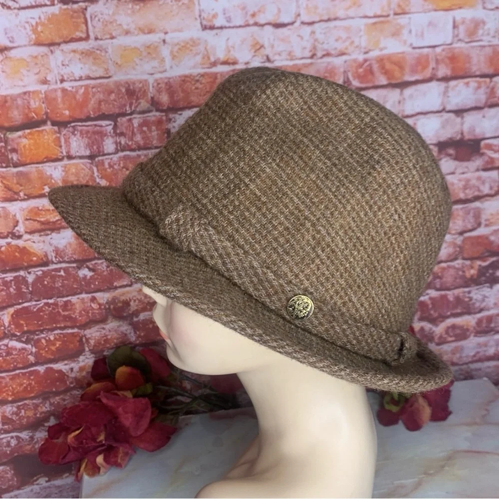 Vintage 70s Brown Wool Tweed Indian Head Penny Fedora Hat
